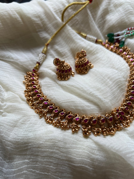 Kid friendly kemp necklace with tiny jhumkas