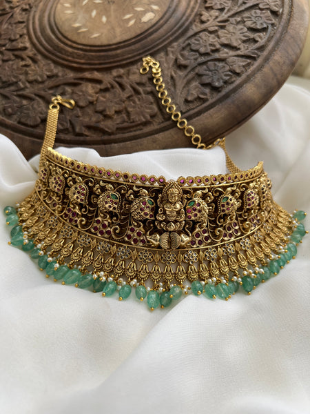 Lakshmi temple antique full neck choker with jhumkas