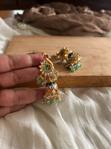 Kundan peacock jhumkas with pumpkin drops