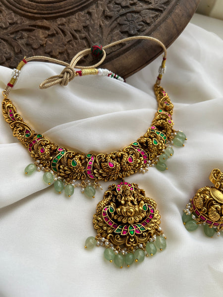 Kundan Nagas necklace with mint beads and jhumkas