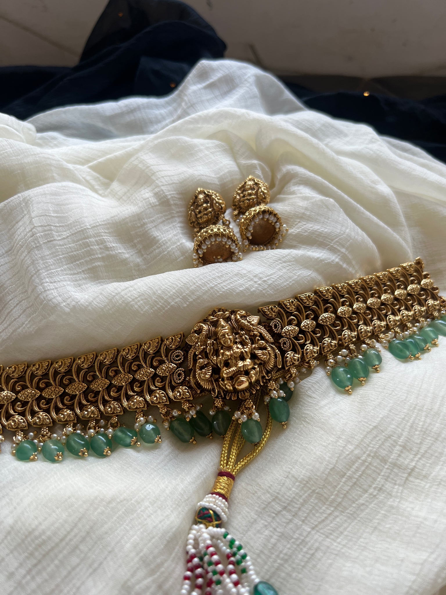 Antique Lakshmi choker with mint green beads and jhumkas