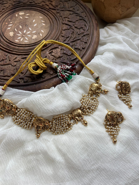 Antique Elephant cluster bead choker with studs