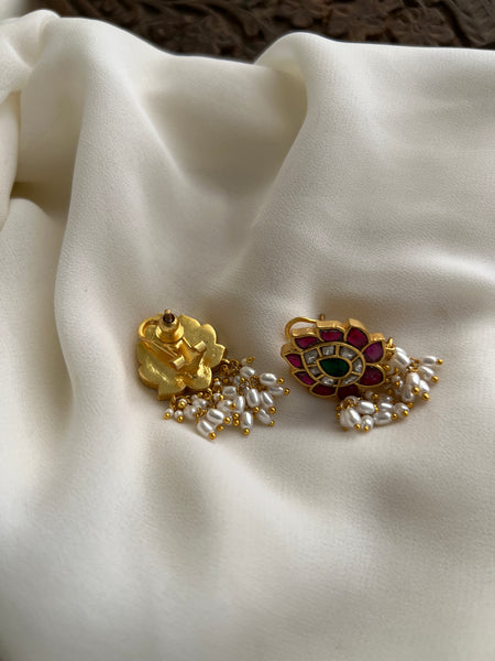 Kundan lotus studs with rice pearls