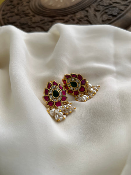 Kundan lotus studs with rice pearls