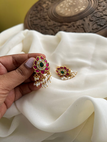 Kundan lotus studs with rice pearls