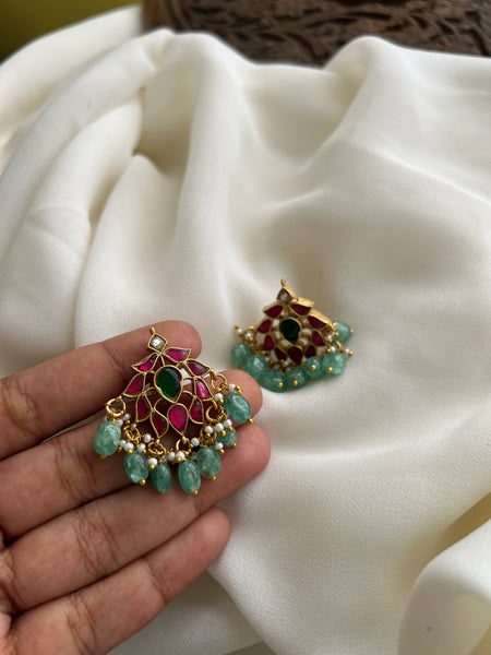 Kundan lotus studs with bead drops