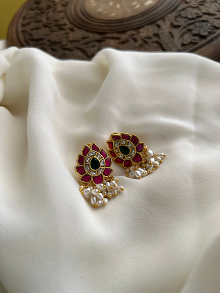 Kundan lotus studs with rice pearls