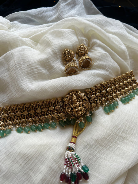 Antique Lakshmi choker with mint green beads and jhumkas