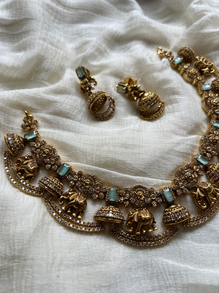 Emerald and Ruby elephant jhumka necklace with earrings