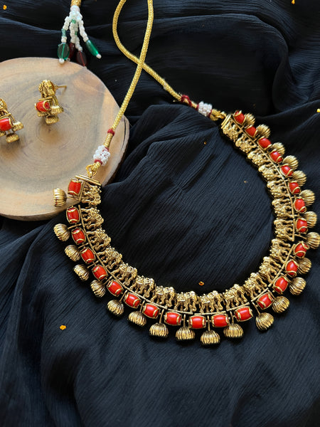 Coral studded elephant necklace with studs