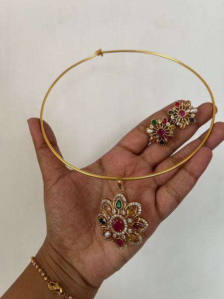 Navaratna pendant hasli with studs