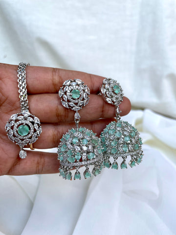 Mint Ad stone Jhumkas with Tika