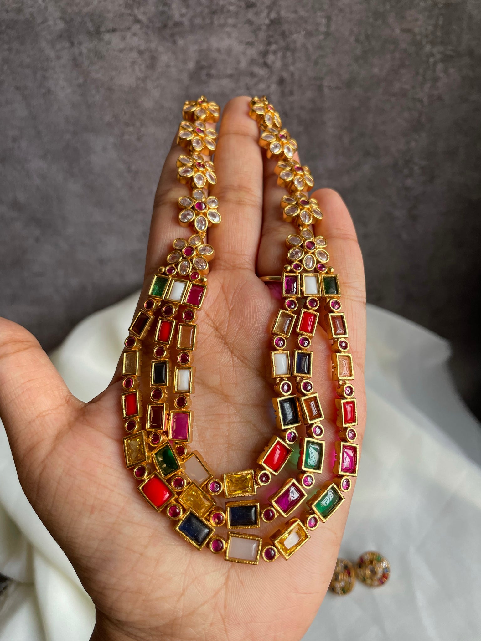 Navarathna Rectangle stone necklace with studs