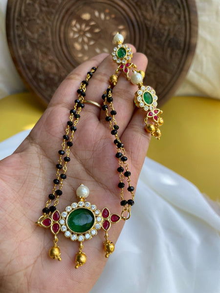 Emerald stone black bead mangalsutra with studs