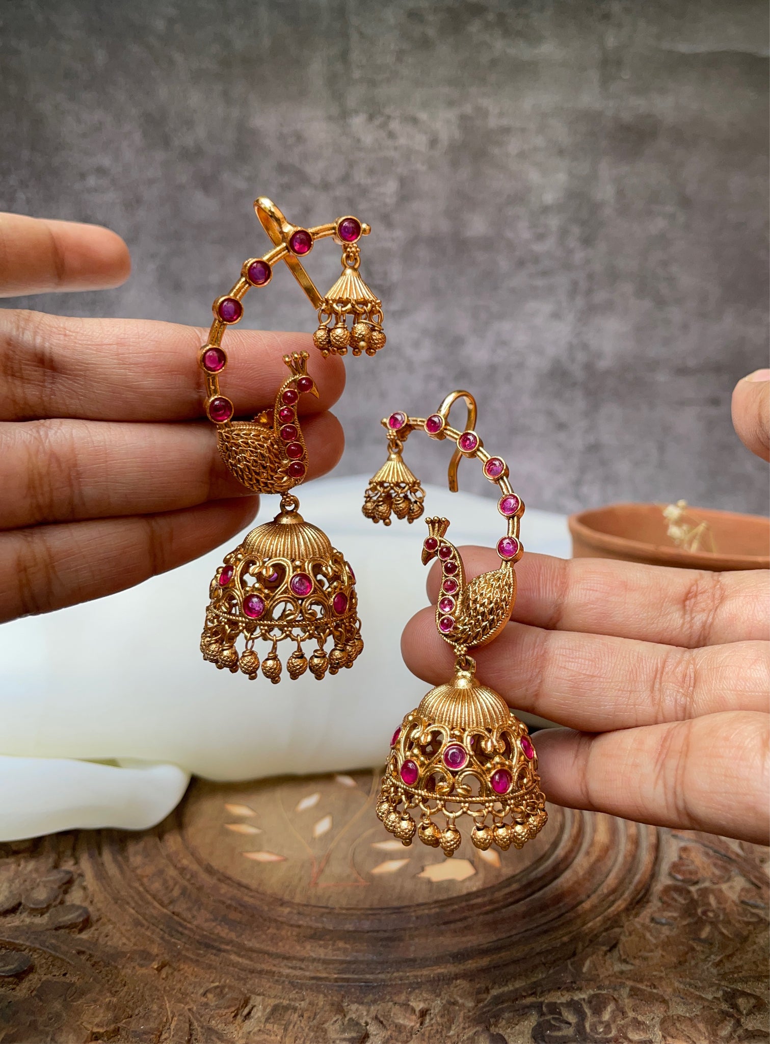 Traditional peacock jhumkas with ear cuffs - Indian Jewellery Designs