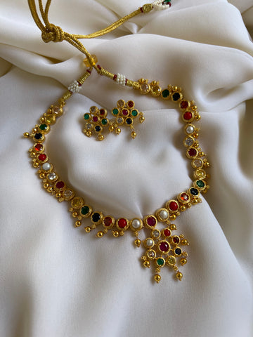 Navaratna ad flower necklace with studs