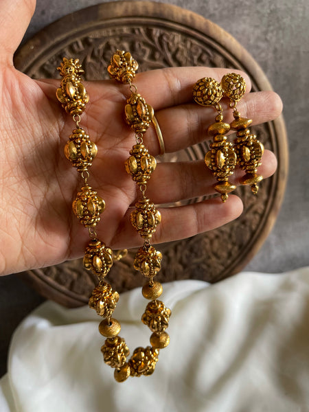 Antique golden bead maala with earrings - PREMIUM