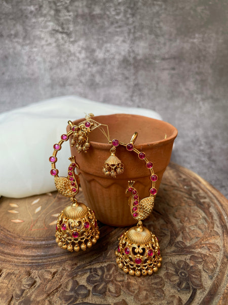 Simple ruby peacock jhumkas with ear cuff