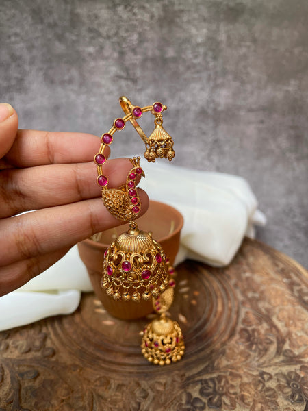 Simple ruby peacock jhumkas with ear cuff