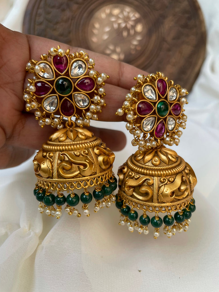 Golden Matte Finish Kundan Jhumka Earrings – Celebravo®