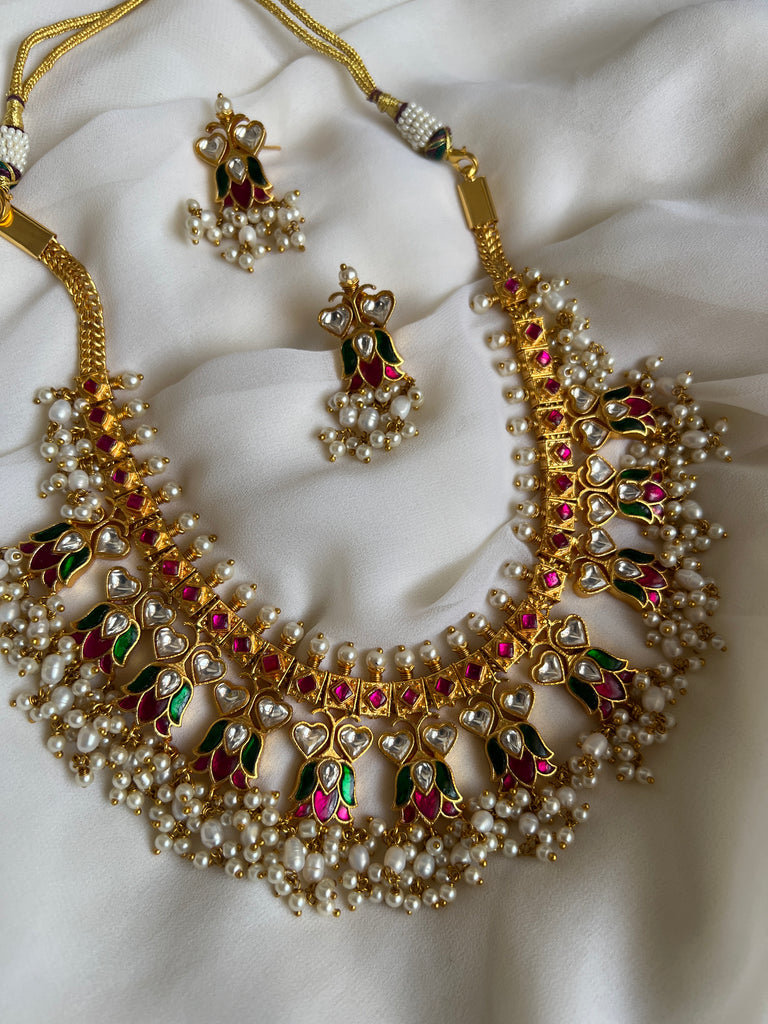 Ruby flower guttapusalu with earrings goldsilver finish  House of  Jhumkas