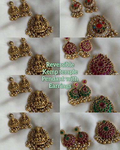 Reversible Kemp pendant with earrings with Lakshmi Nagas work