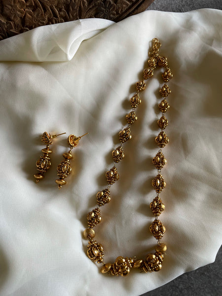 Antique golden bead maala with earrings - PREMIUM