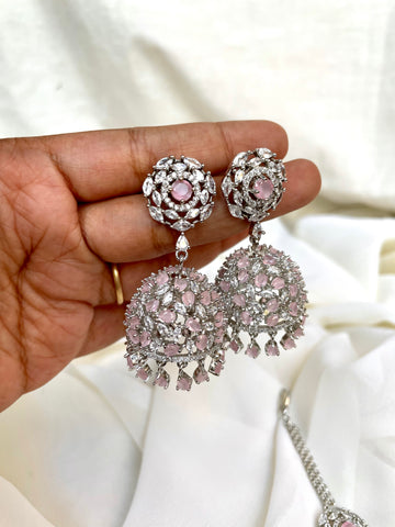 Pink AD stone Jhumkas with Tika