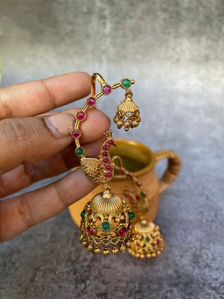 Simple ruby peacock jhumkas with ear cuff