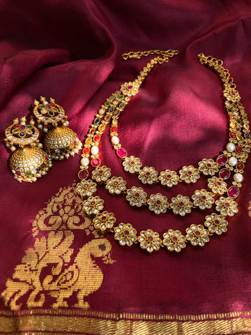 Tri-layer navaratna Haram with jhumkas